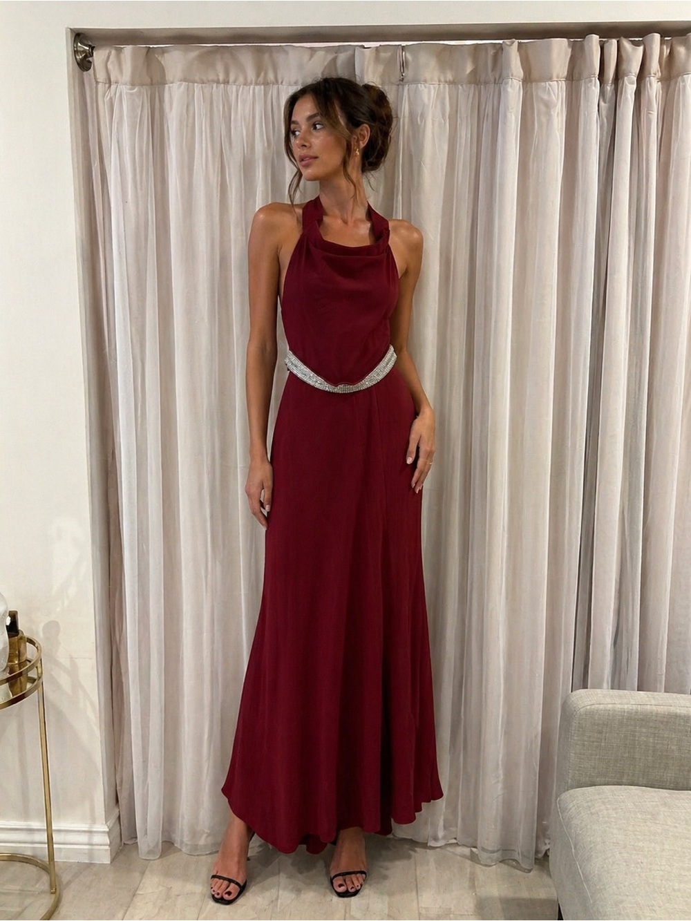 Chic Burgundy Halter Prom Gown with Embellished Waist